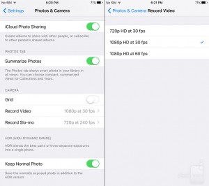 تغییر وضوح دوربین برای فیلم ها iOS 9 به شما این امکان را می دهد که کنترل بهتری در میزان کیفیت فیلمی که می گیرید داشته باشید. اگر ترجیح می دهید فیلم هایتان فضای ذخیره سازی کمتری اشغال کنند شما مجاز به انتخاب 720p هستید . 1080p با 30 از 60 فریم در ثانیه هنوز هم در دسترس می باشد. فیلم حرکت آهسته را می توان در 120 یا 240 فریم در ثانیه ضبط کرد، مانند قبل، در رزولوشن 720p است.