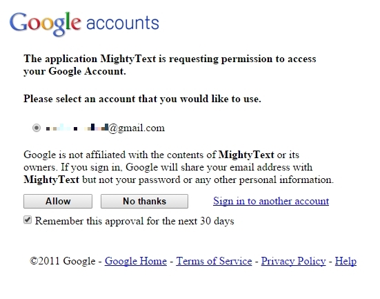 هنگامی که با مرورگر وب کامپیوترتان به این لینک می روید، می بایستی به MightyText اجازه دهید (allow) که به حساب کاربری گوگلی که شما روی گوشی هوشمندتان استفاده می کنید متصل شود.