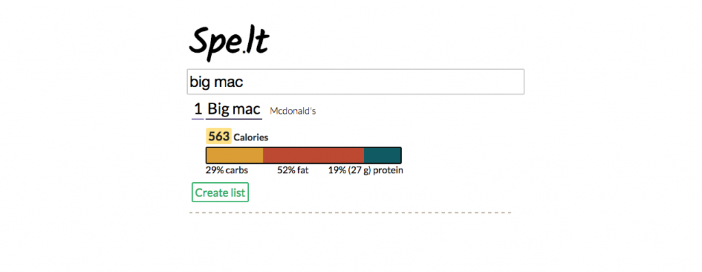 Spe.It یک برنامه ی وب است که اطلاعات تغذیه ای برای هر نوع غذایی را که داخل این باکس جستجو تایپ می کنید، فورا به شما نشان می دهد. سپس به شما این امکان را می دهد که ایتم ها را به یک لیست اضافه کنید و در نهایت مجموع مصرف خود را مشاهده نمایید.