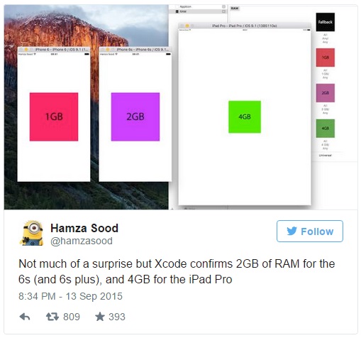 "چندان تعجب بر انگیز نیست اما Xcode دو گیگا بایت رم برای 6S و 6S پلاس و 4 گیگا بایت رم برای آیپد پرو را تایید کرده است"، این توییتی بود که در 13 سپتامبر از Hamza Sood دیده شد (او یکی از توسعه دهندگان iOS است که قبلا نیز توییت های خوب و جالبی در مورد آیفون های جدید کرده بود).