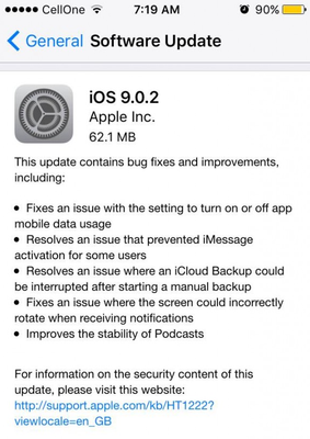 اپل، در حال ارسال iOS 9.0.2 می باشد