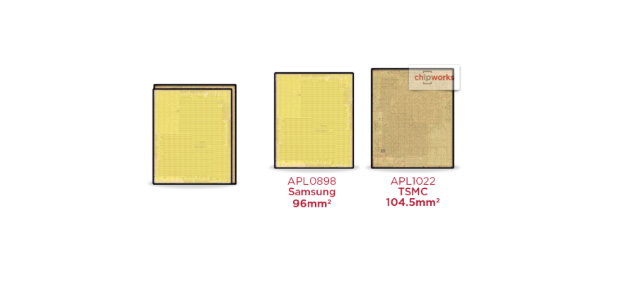 چیپ ست A9 با شماره بخش APL0898 که داری سطح 96 میلی متر مربع است ساخت سامسونگ، می باشد در حالی که دیگری با شماره بخش APL1022 با   سطح 104.5 میلی متر مربع، تولید TSMC است.