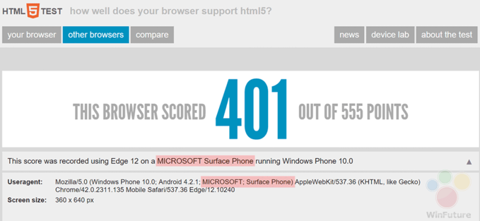 مرورگر اج برای سرفیس فون ها، توسط HTML5TEST تست شد