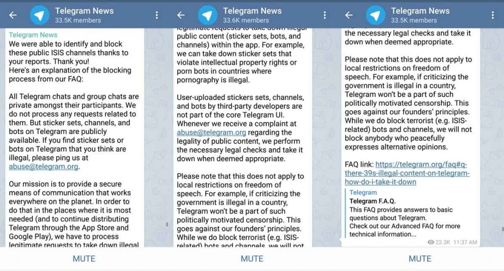 تلگرام  مسنجر 78 کانال عمومی را که به طور بالقوه توسط تروریست ها مورد استفاده قرار می گرفتند، حذف کرد