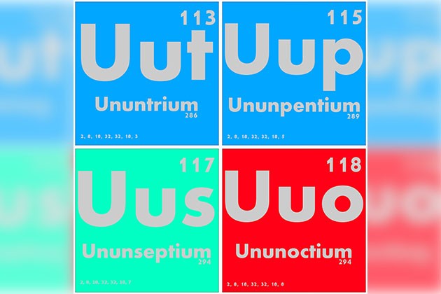عنصر 113، آنانتریوم با نام اختصاری Uut، عنصر 115، یونون پنتیوم با نام اختصاری Uup، عنصر 117، انونس پتیوم با نام اختصاری Uus عنصر 118، آنان اوکتیوم با نام اختصاری Uuo