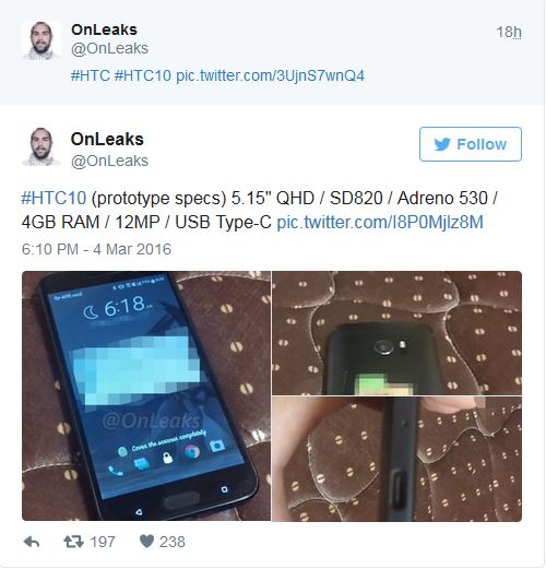 حساب کاربری OnLeaks در توییتر، تصاویری از نمونه ی اولیه ی اچ تی سی 10 را منتشر کرد که در آن پورت یو اس بی نوع سی و دکمه های لمسی در دو طرف دکمه ی هوم/ اسکنر اثر انگشت، دیده می شوند.