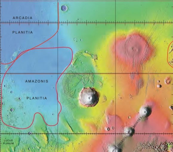 استعمارگران آینده مریخ ممکن است، با اقامت در آرکادیا پلانتیا (قسمت بالای سمت چپ)، دید خوبی نسبت به کوه المپوس داشته باشند