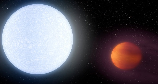تصویر هنری از سیاره Kelt-9b . ستاره میزبان این سیاره در صورت فلکی ماکیان و در فاصله 650 سال نوری از زمین واقع است. سیاره Kelt-9b به‌قدری به ستاره میزبان خود نزدیک است که سطح آن حرارتی بیش از 4.300 درجه سانتی‌گراد (7800 فارنهایت) دریافت می‌کند که آن را به داغ‌ترین سیاره غول‌آسایی تبدیل می‌کند که تابه‌حال کشف شده است