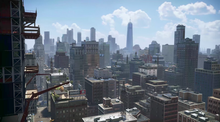 مرد عنکبوتی در بازی اسپایدرمن در نیویورک زندگی می کند. در این تصویر، مرکز تجاری One World را در فاصله ی دورتر مشاهده می کنید.