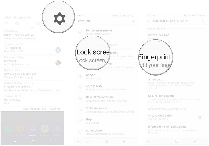 1. تنظیمات را باز کنید. 2. Lock screen and security را انتخاب کنید. 3. روی Fingerprint Scanner ضربه بزنید.