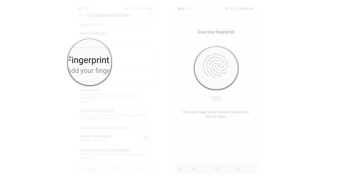 3. روی Fingerprint scanner ضربه بزنید. 4. از دستورالعمل پیروی کنید تا الگوی اثرانگشت ثبت شود.