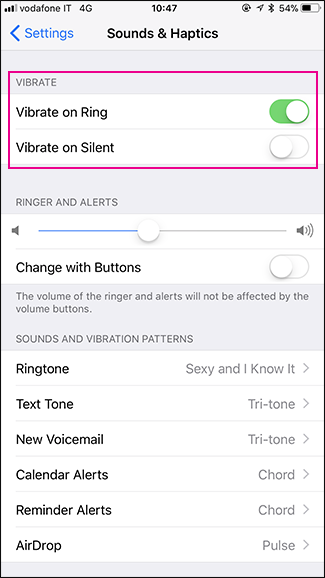 در زیرمجموعه Vibrate، دو قسمت دیده می شود: Vibrate on Ring (ویبره در حالت عادی پخش صدای زنگ) و Vibrate on Silent (ویبره در حالت سایلنت.)