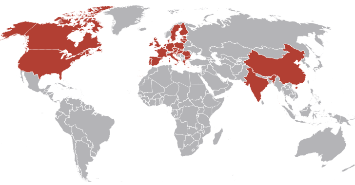 در این نقشه‌ی مناطق عرضه‌ی این محصول با رنگ قرمز مشخص شده است.