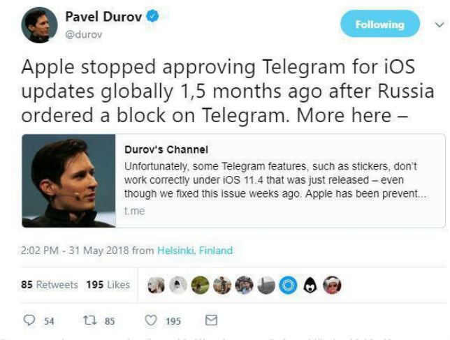 دلیل ممنوعیت انتشار آپدیت تلگرام در اپل استور 