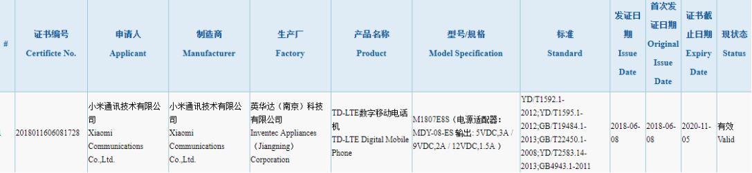 در تصویر زیر مشخص شده که این موبایل با شماره مدل M1807E8S از شارژ 5V / 3A، 9V / 2A و 12V / 1.5A پشتیبانی می‌کند. این بدان معناست که گوشی هوشمند شیائومی می مکس 3 احتمالا از تکنولوژی شارژ سریع با ولتاژ 18W برخوردار خواهد شد.