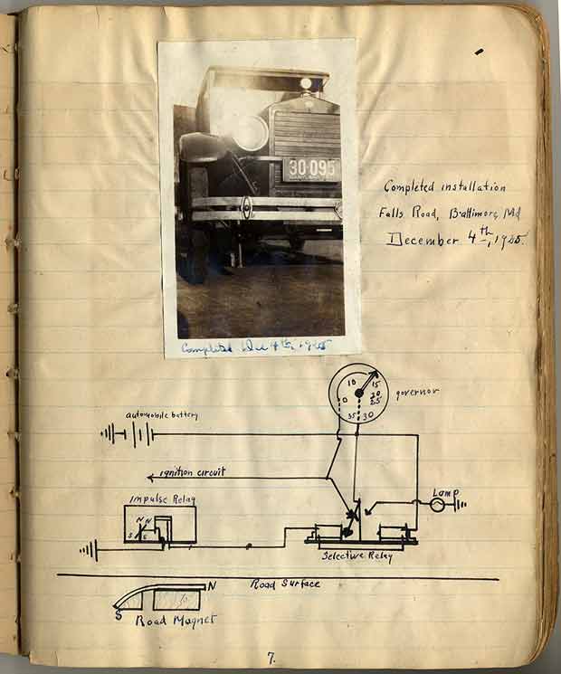 آدلر در دفترچه یادداشتش، طرح‌هایی از سیستم خودکار کنترل سرعت خود ترسیم کرده بود. همان سیستمی که در دسامبر سال ۱۹۲۵ در بزرگراه بالتیمور آزمایش کرد