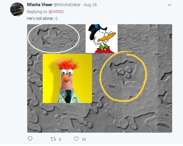 کاربری در پاسخ به توییت HiRise ناسا، به اشکال دیگری که شبیه به شخصیت کارتونی "اسکروج مک‌داک" در مجموعه داستان‌های اردک (DuckTales) والت دیزنی بود اشاره کرد