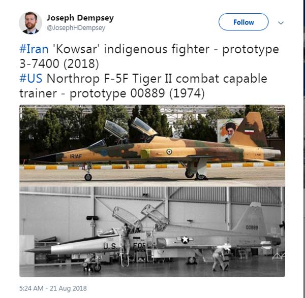 جوزف دمپسی، متخصص تحقیقات دفاعی و نظامی، با انتشار این تصویر در توییتر، به شباهت ظاهری دو جنگنده کوثر و اف-۴ اشاره کرد