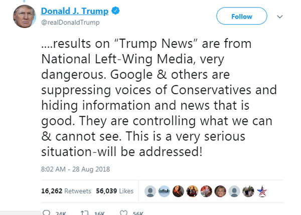 دونالد ترامپ، در توییتی که دیروز فرستاد، نوشت که غول جستجو و شرکت‌های دیگر" اطلاعات و اخبار خوب را مخفی می‌کنند،" و این "وضعیت بسیار جدی" است که "به آن رسیدگی می‌شود"