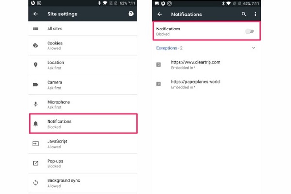 حذف تبلیغات نوتیفیکیشن سایت ها در مرورگر در کروم اندروید