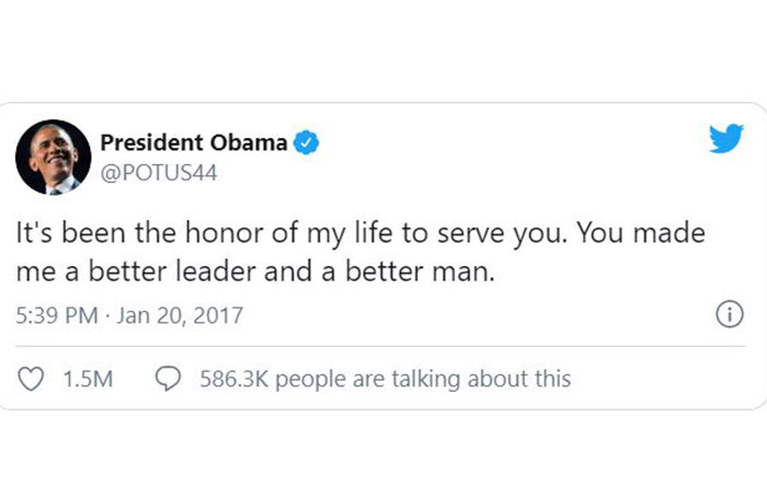 آخرین توییت باراک اوباما به عنوان چهل و چهارمین رئیس جمهور ایالات متحده آمریکا