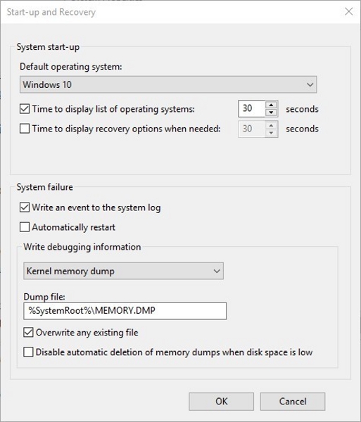 رفع مشکل ارور Your PC ran into a problem در ویندوز 10 با بررسی تنیظمات  Memory Dump