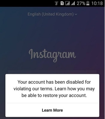 ارور اینستاگرام  Your account has been disabled for violating our terms
