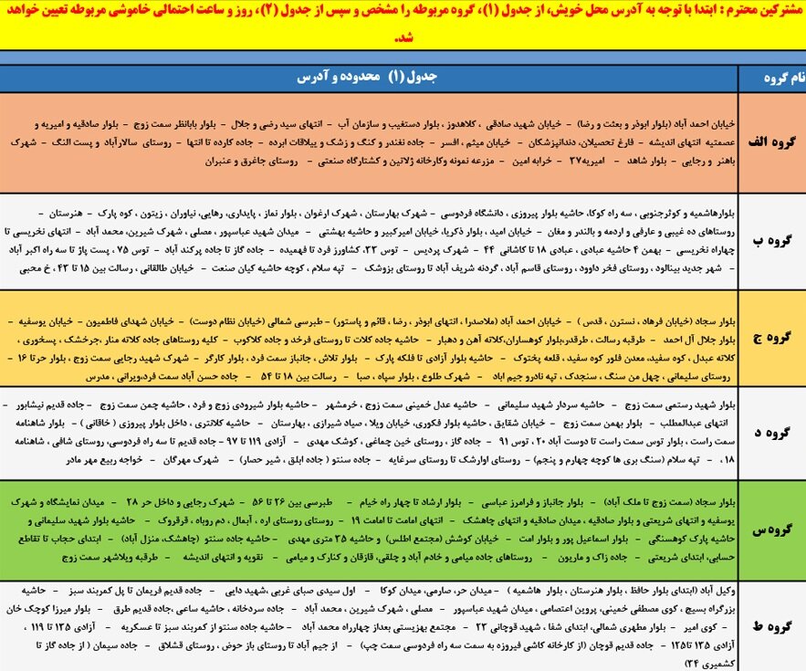 گروه بندی 12 گانه قطعی برق مشهد 1 تا 7 خرداد 1400