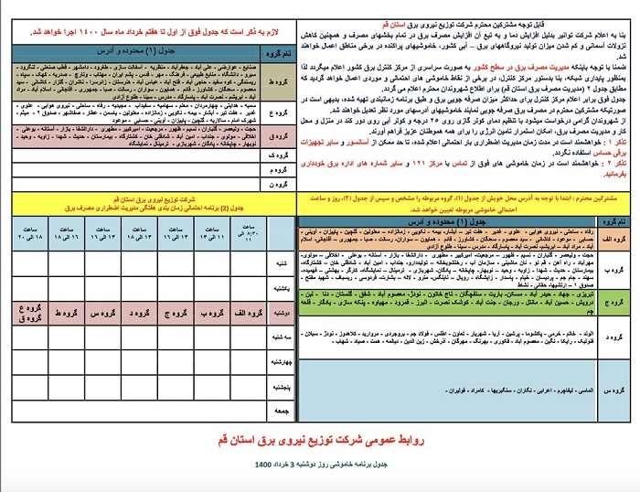 جدول زمان بندی قطعی برق امروز 6 خرداد 1400 همه استان ها