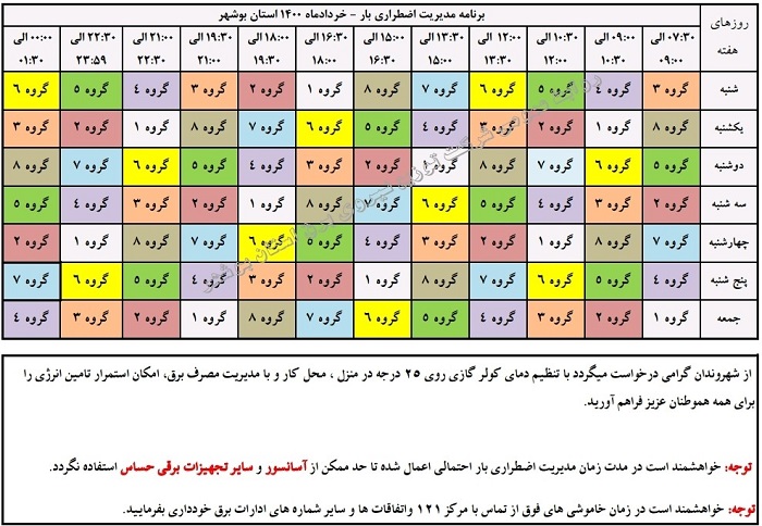 برنامه زمان بندی خاموشی های امروز 24 بوشهر