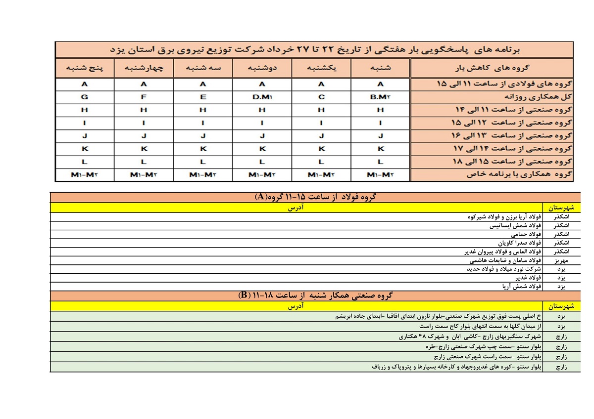جدول قطعی برق امروز 24 خرداد 1400 یزد