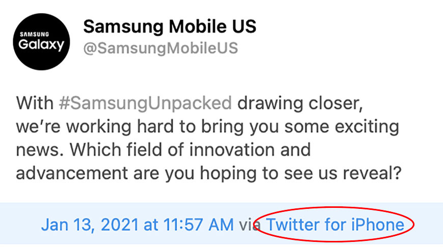 Failure to display the type of device sending the tweet on Twitter