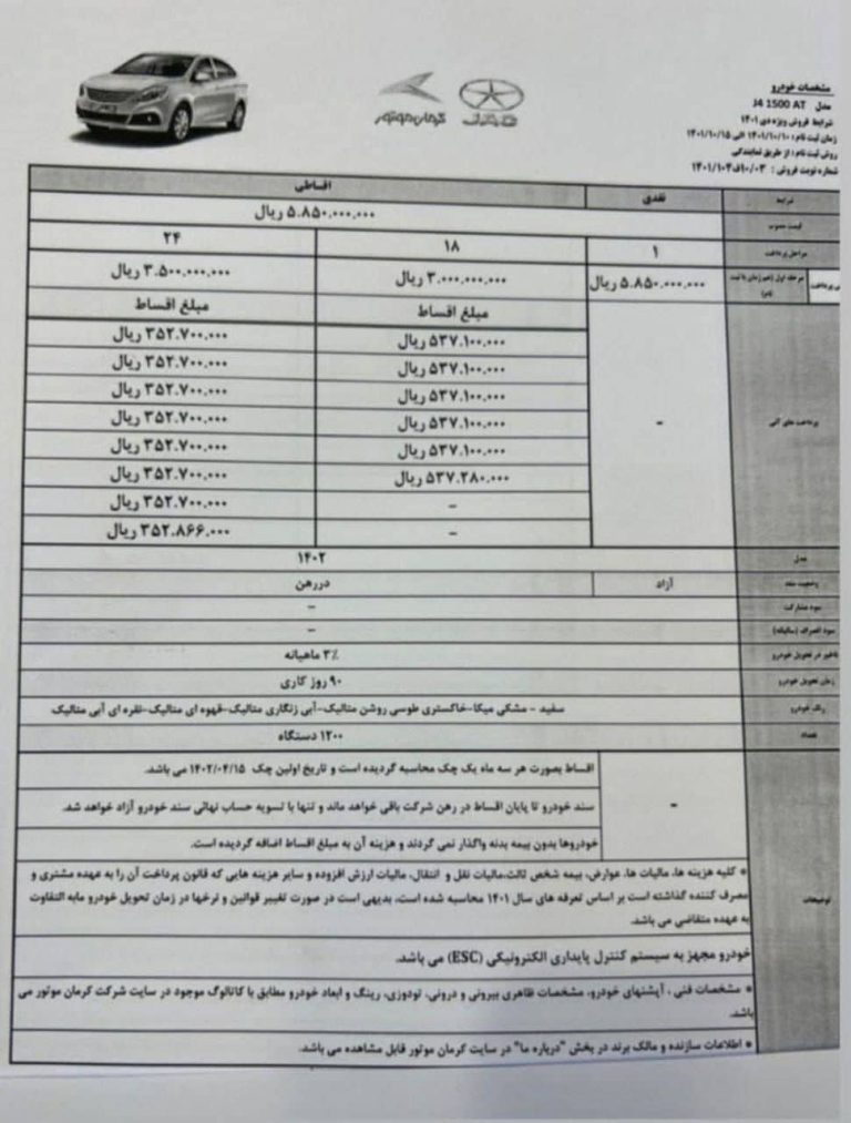 طرح فروش کرمان موتور دی 1401 [+شرایط و قیمت‌های جدید] تکراتو