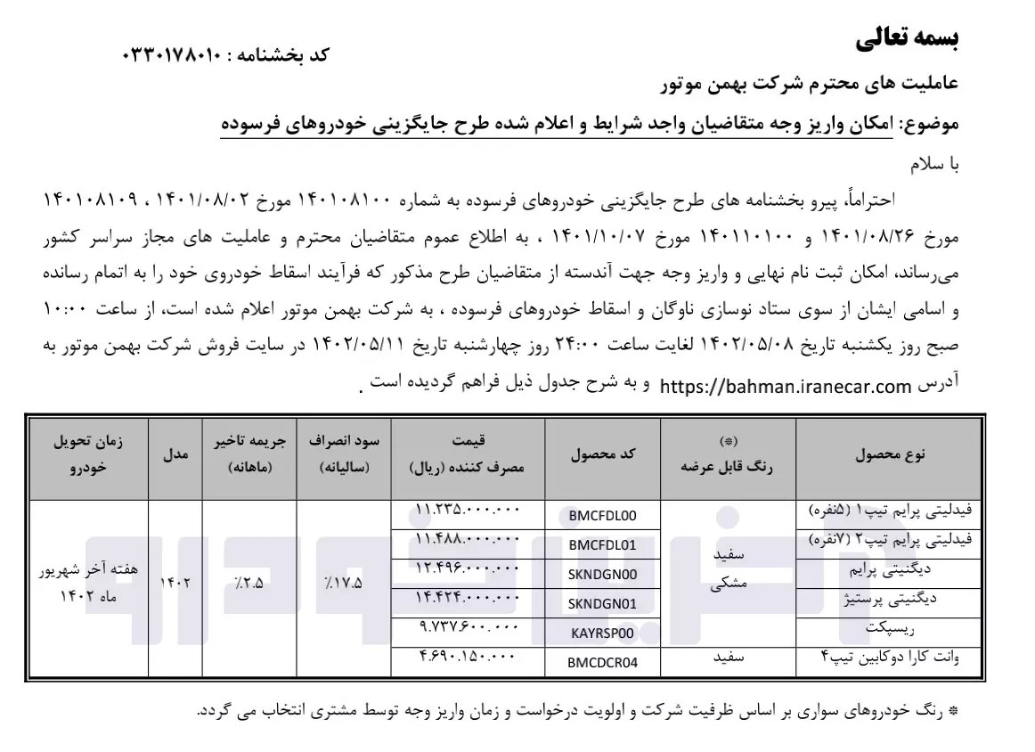 طرح فروش بهمن موتور مرداد 1402 ابلاغ شد