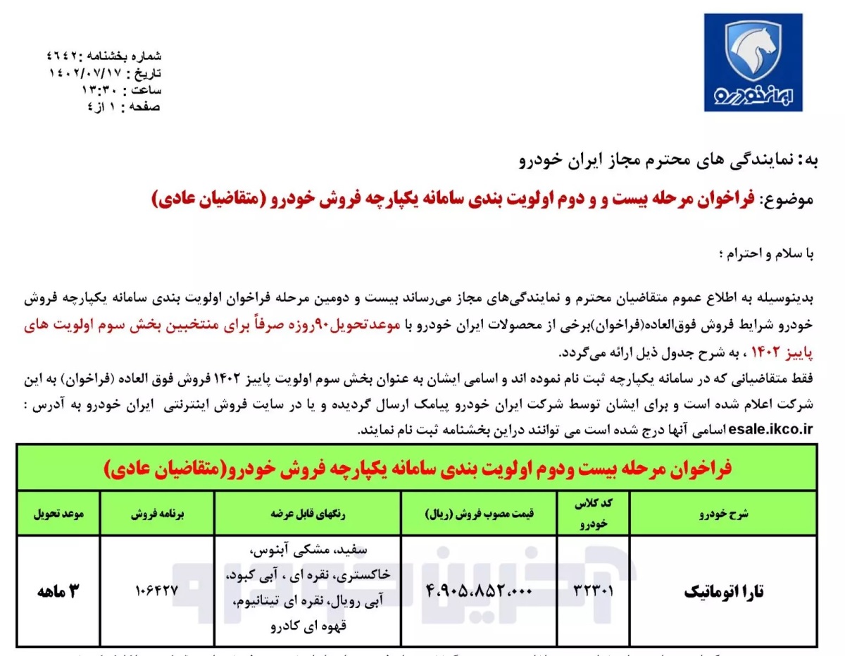 طرح فروش تارا مهر 1402 آغاز شد