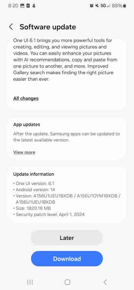 به‌روزرسانی One UI 6.1 برای نسخه آنلاک‌شده Galaxy A15 5G