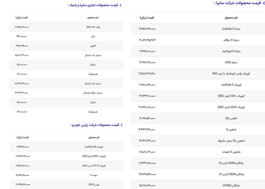 جدول قیمت کارخانه محصولات سایپا مهر 1403