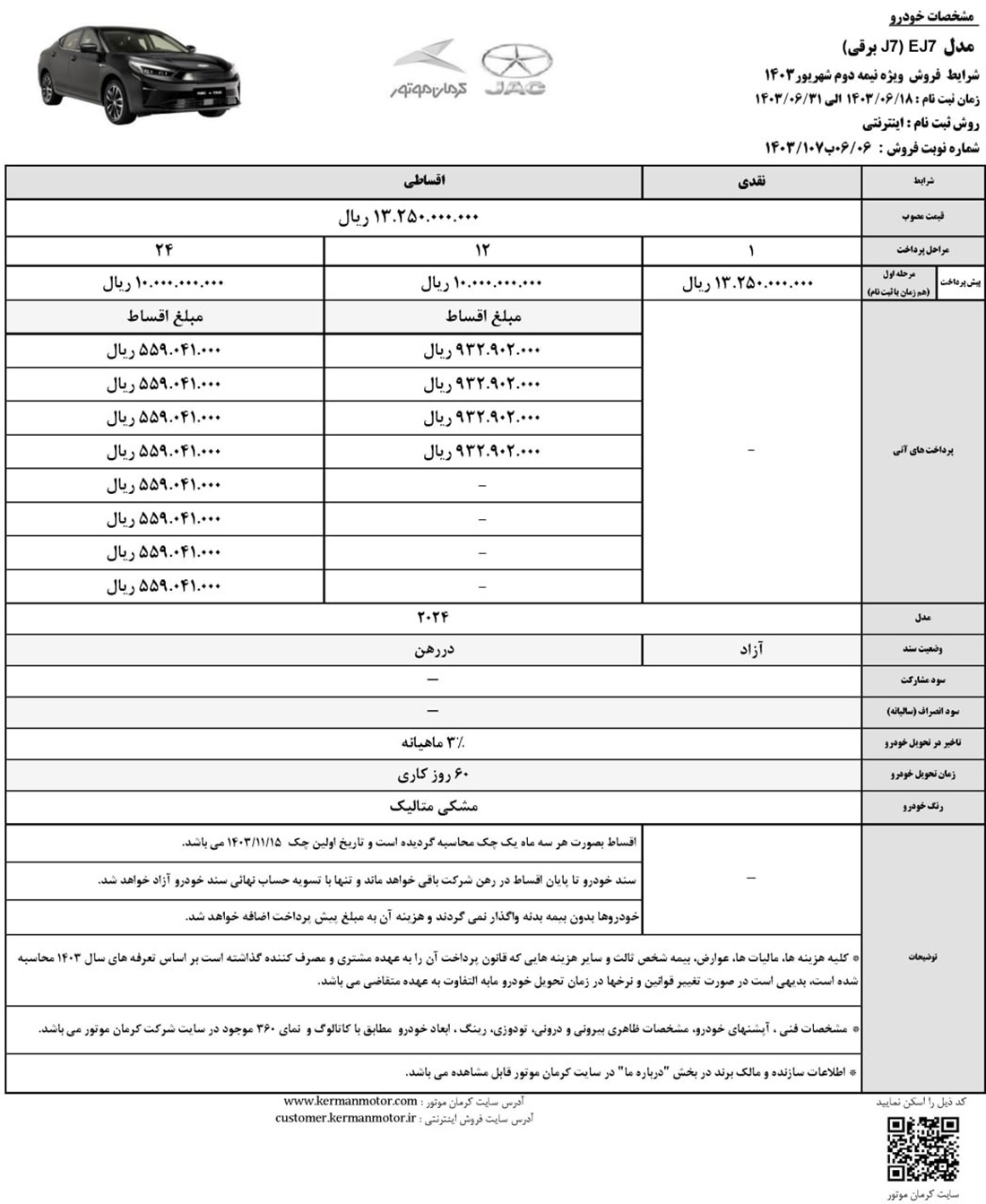 جزئیات طرح فروش نقدی و قسطی جک J7 برقی