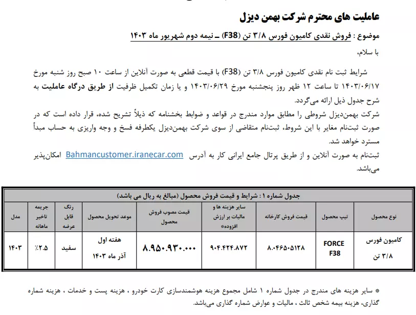 شرایط فروش کامیونت فورس شهریور 1403