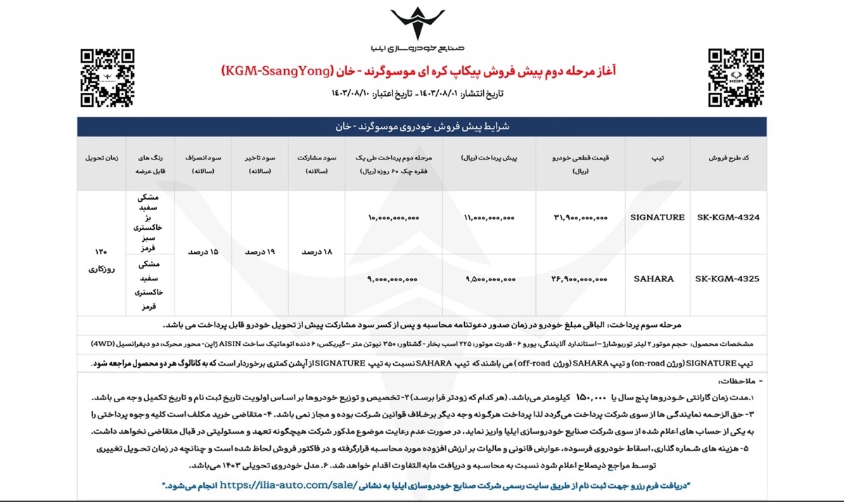شرایط فروش ویژه پاییزی سانگ یانگ موسوخان ایلیا خودرو آبان 1403