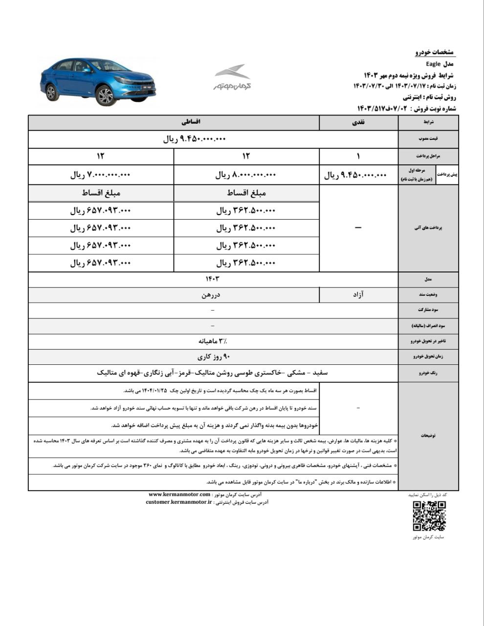 طرح فروش نقد و اقساط محصولات کرمان موتور