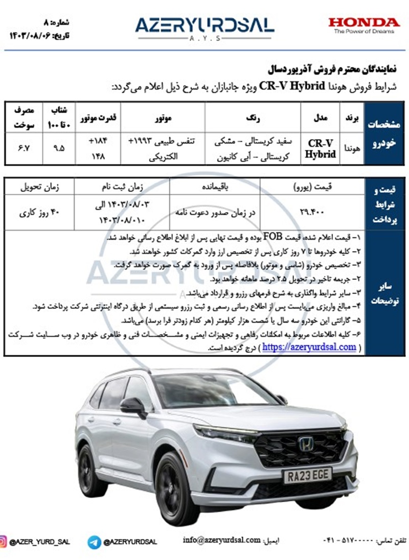 فرصت ویژه ثبت نام هوندا CR-V هیبرید در سامانه یکپارچه