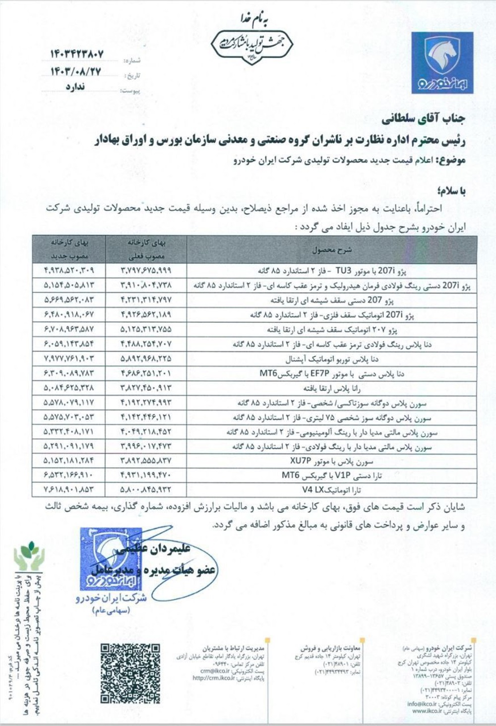 جدول افزایش 35 درصدی قیمت کارخانه محصولات ایران خودرو از آبان 1403