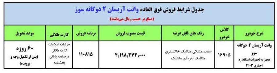 جزئیات فروش ویژه آریسان 2 دوگانه سوز آبان 1403