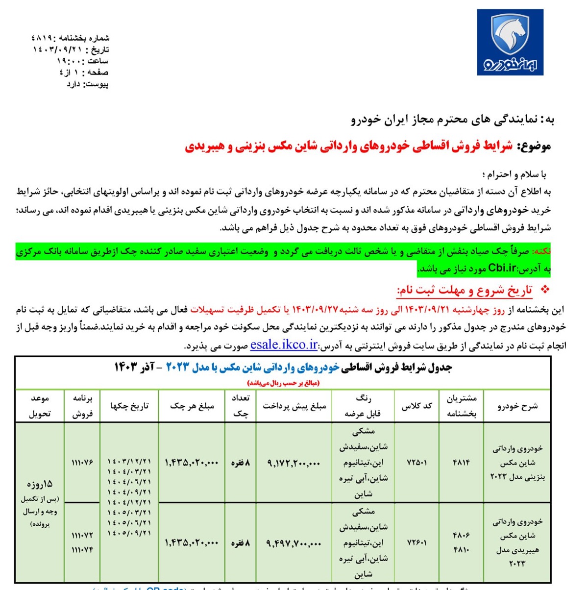 شرایط فروش اقساطی شاین مکس ایران خودرو در سامانه یکپارچه خودروهای وارداتی آذر 1403