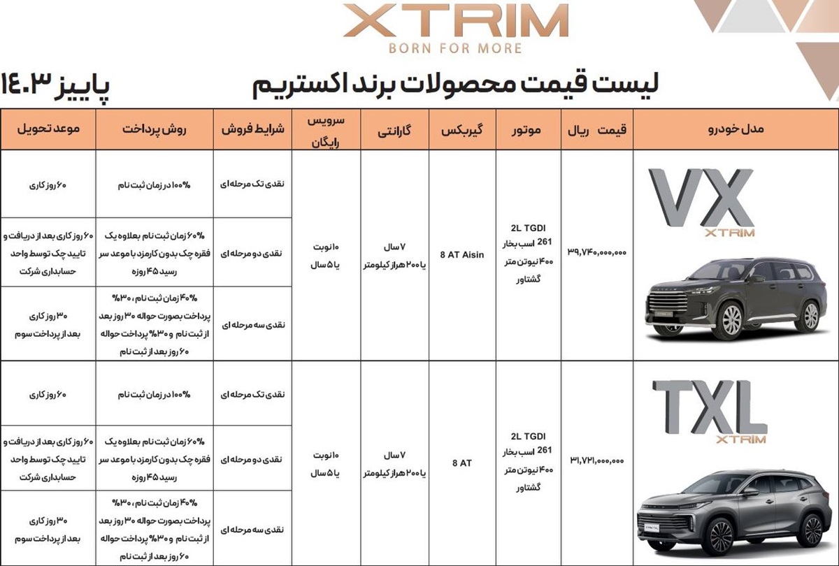 شرایط فروش فوری اکستریم VX و TXL از 17 آذر 1403