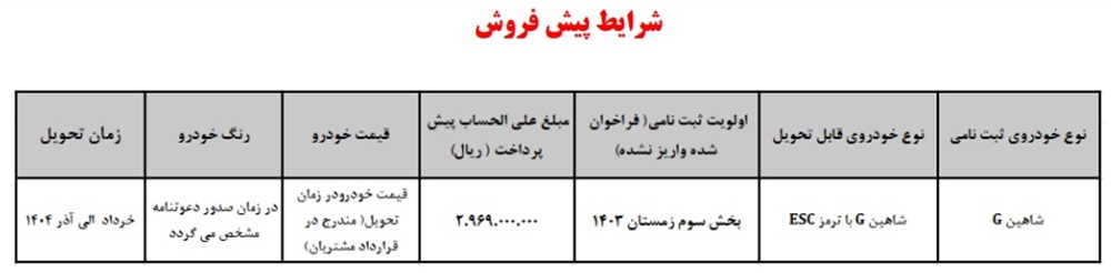 فرصت محدود ثبت‌ نام شاهین G سایپا در آذر ۱۴۰۳