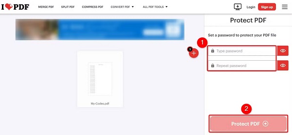 پس از بارگذاری فایل، در فیلد "Type Password" رمز مورد نظر خود را وارد کنید. در فیلد "Repeat Password" رمز را دوباره وارد کنید. سپس گزینه "Protect PDF" را انتخاب کنید.