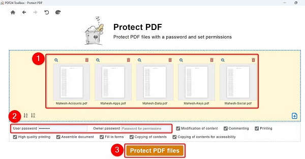 در فیلد "User Password" یک رمز عبور وارد کنید. در صورت تمایل، در فیلد "Owner Password" نیز رمز دیگری تایپ کنید. سپس گزینه Protect PDF Files را انتخاب کنید.