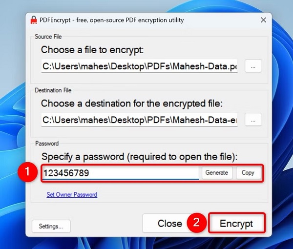 حالا روی گزینه "Encrypt" کلیک کنید تا فرآیند رمزگذاری فایل PDF شما آغاز شود.